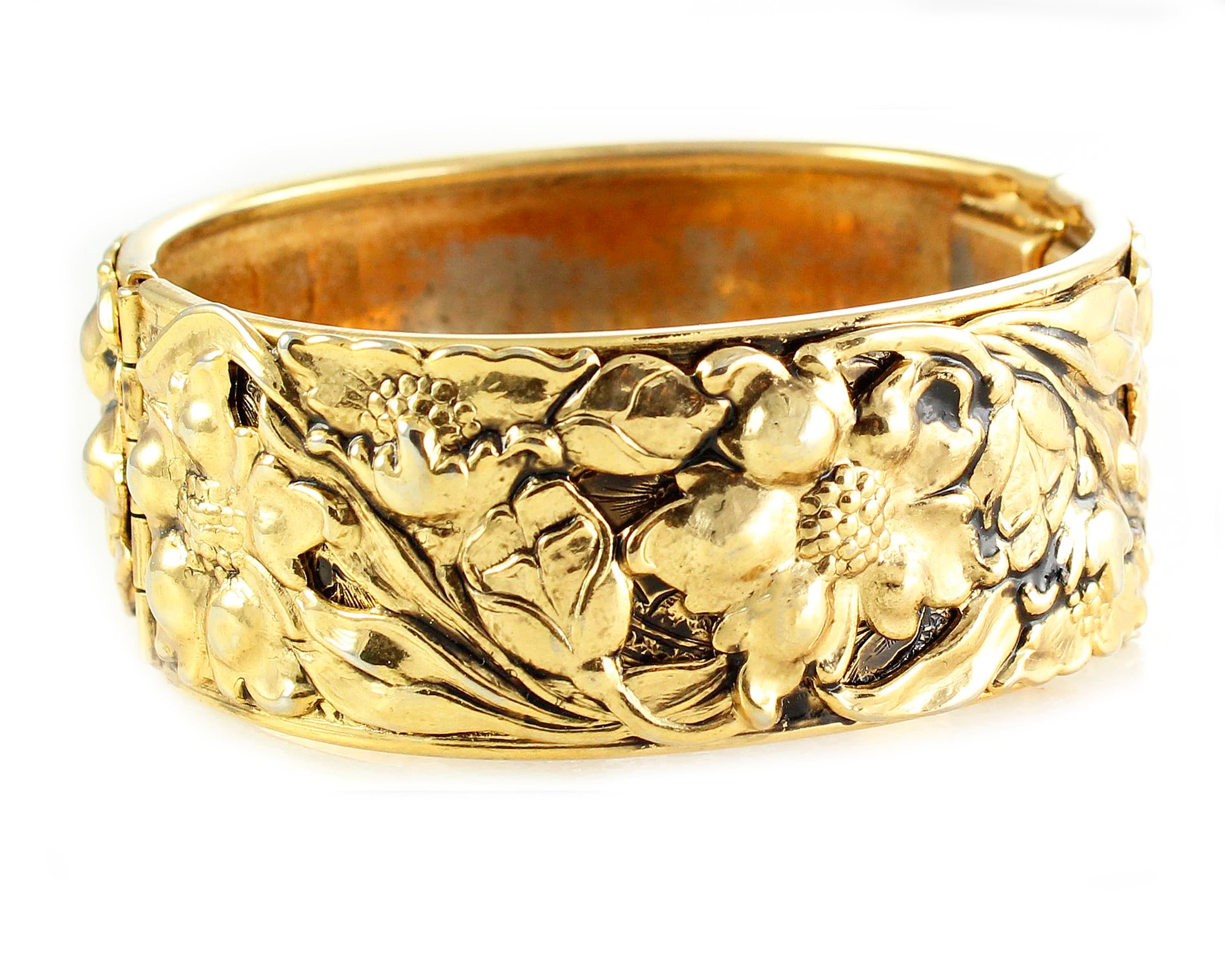 Vintage Repousse Bangle Bracelet - Gold-Tone Flower Blossom Wide Hinged ...