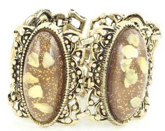 Vintage Gold Glitter Shell Confetti Lucite Bracelet, Mid Century Glitter Lucite Bracelet, Chunky 1950s Lucite Bracelet, Vintage Jewelry