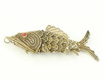 Chinese Export Articulated Fish Vinaigrette Necklace Silver Gold Vermeil Koi Fish Vinaigrette Pendant, Coral Cabochon Eyes, Vintage Jewelry