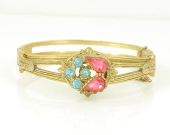 Vintage Rhinestone Gold Tone Hinged Bangle Bracelet, Vintage Pink Blue Rhinestone Bracelet, 1960s Rhinestone Bangle, Vintage Jewelry