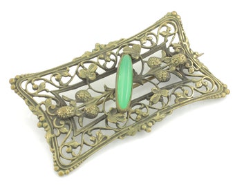 Victorian Clover Green Stone Sash Pin Brooch, Antique Lucky Clover Green Cabochon Brooch, Vintage Filigree Clover Brooch, Vintage Jewelry