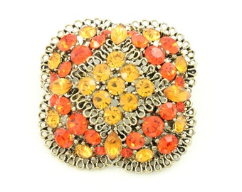 Lisner Domed Quatrefoil Orange Rhinestone Brooch, Vintage Gold and Orange Ruffle Trim Rhinestone Pin, Vintage Jewelry, Estate Jewelry