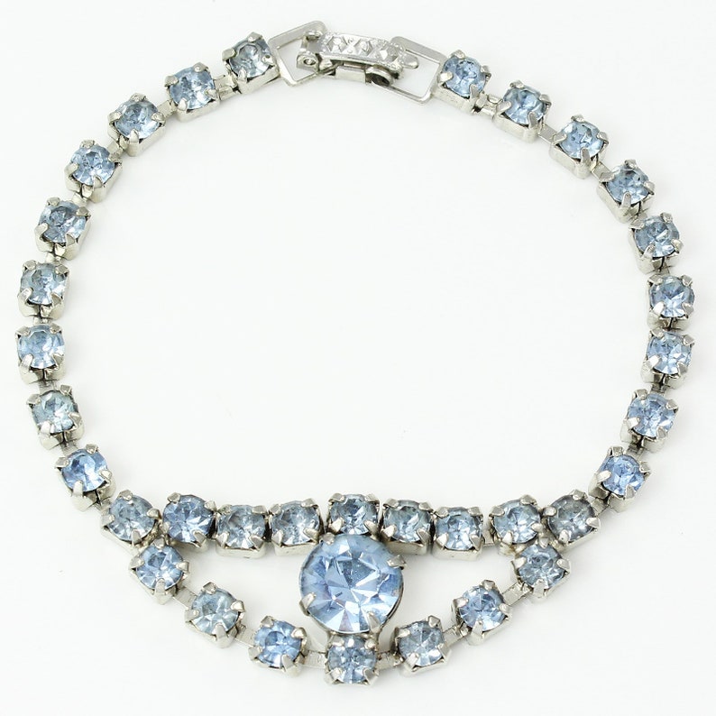 Necklace Bracelet Screw Back Dangle Earrings in Baby Blue Crystal Vintage Pale Blue Rhinestone Jewelry Parure in Silver Tone c 1950