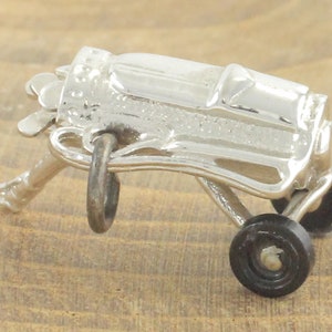 Sterling Silver Golf Bag Mechanical Bracelet Charm - 3-D Rolling Cart with Moveable Wheels Clubs - 3.6 gram 925 circa 1960 - Vintage Jewelry