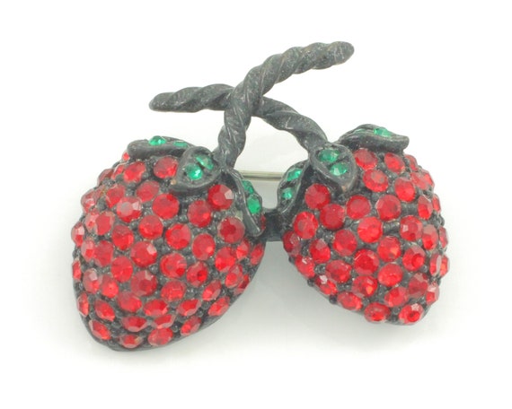 Weiss Red Rhinestone Double Strawberry Brooch, Vi… - image 1