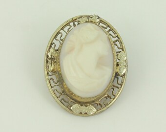 Antique Carved Shell Cameo Brooch, Dainty Edwardian Gold Tone Lady Cameo Pin Filigree Leaf Frame, Vintage Small Cameo Pin, Vintage Jewelry