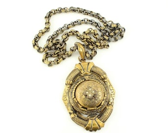 Vintage Victorian Revival Locket Pendant Necklace, 1970s 3 Photo Locket Necklace, Oversized Etruscan Revival Chunky Locket, Vintage Jewelry