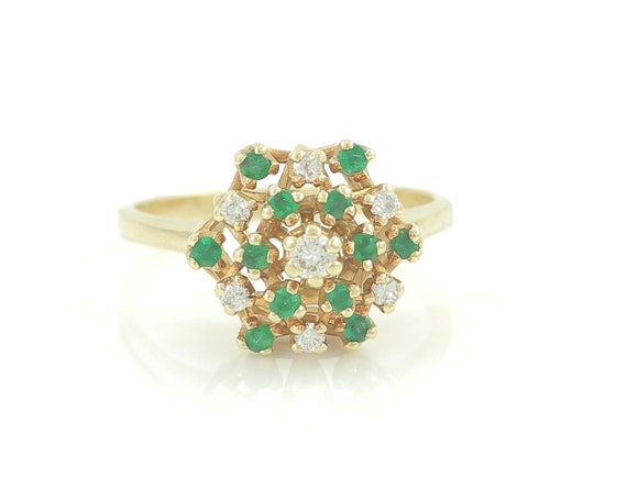 Vintage 14K Diamond Emerald Cluster Ring, 1960s R… - image 1