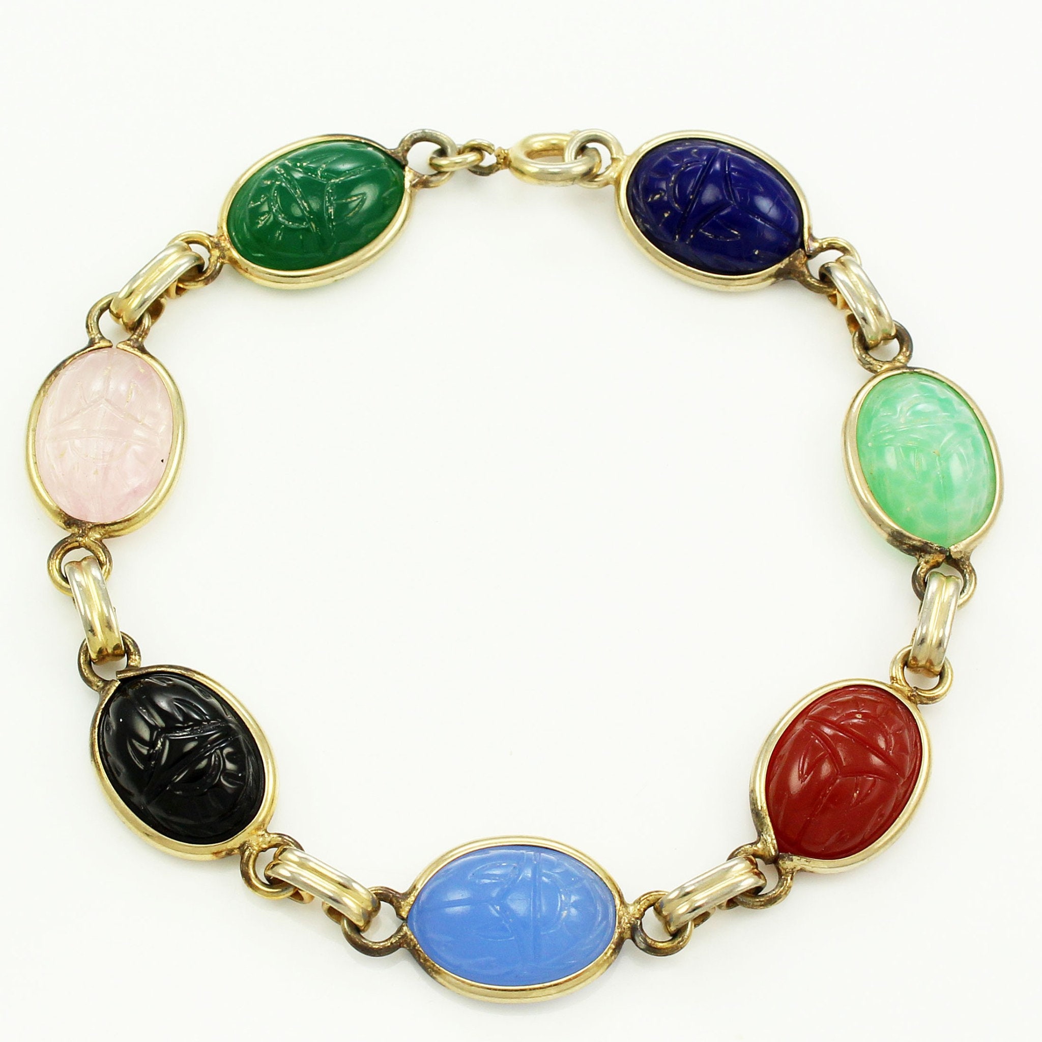 Multi Color Scarab Bracelet - Egyptian Revival Gold Tone Glass Bracelet -  Vintage Costume Jewelry