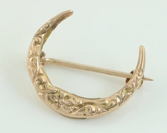 Antique 10K Crescent Moon Pin, Victorian 10K Honeymoon Brooch, TINY Vintage 10K Gold Floral Moon Pin, 10K Gold Celestial Pin,Vintage Jewelry