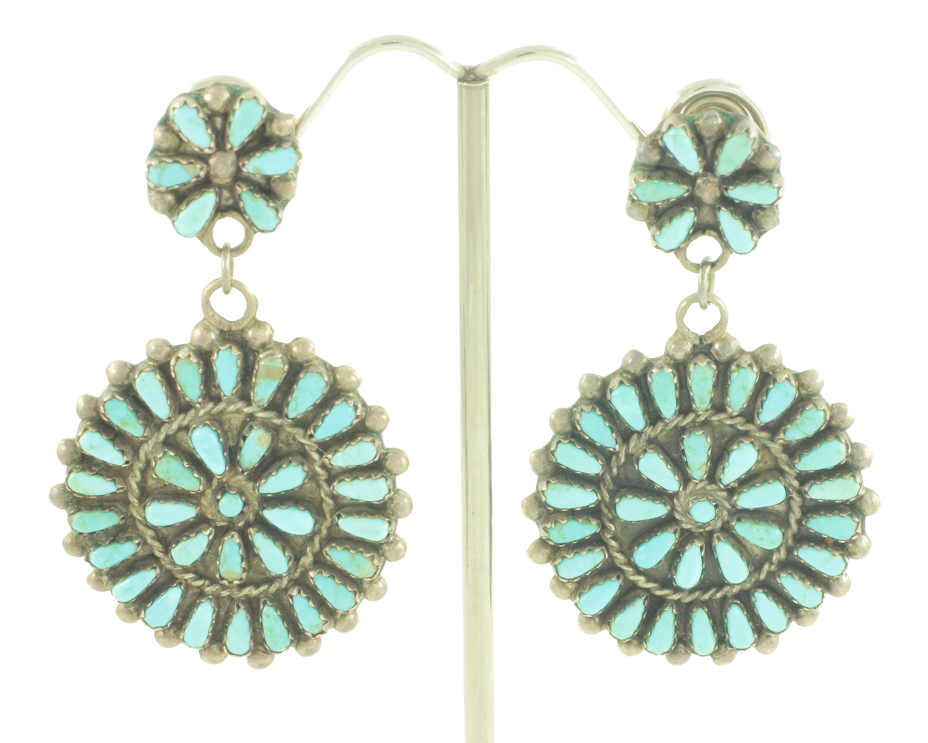 Vintage Sterling Turquoise Needlepoint Earrings Signed JLD Large