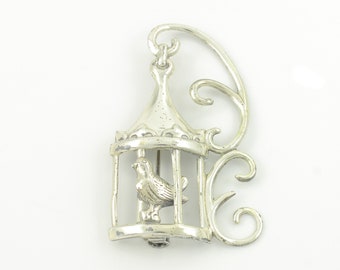 Vintage Lang Sterling Bird Cage Brooch, 925 Sterling Silver Figural Bird in Cage Pin, 1950s Lang Sterling Birdcage Brooch, Vintage Jewelry