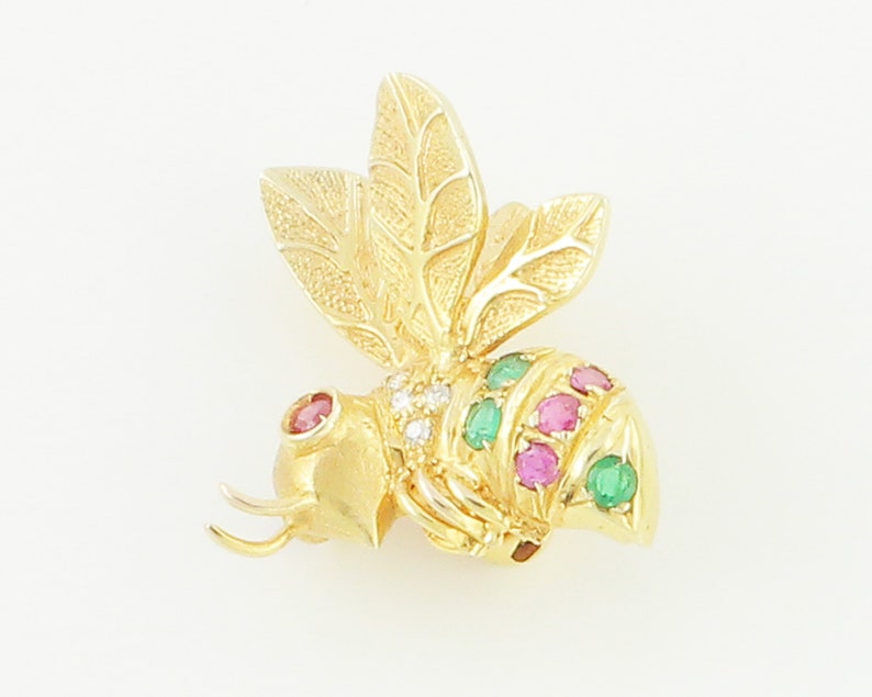 Bee Pin Gold Diamond Emerald Ruby 14K Yellow Gold Wasp Yellow Jack Bumble Bee Brooch circa 1980 Vintage Fine Jewelry