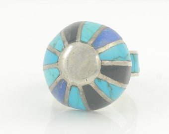 Vintage Sterling Turquoise Lapis Onyx Inlaid Dome Ring, Heavy Turquoise Inlay Dome Ring, Inlaid Turquoise Shank Silver Ring, Vintage Jewelry