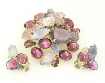 Vintage Purple Art Glass Rhinestone Brooch Earrings, 1960s Purple and Lavender Rhinestone Cabochon Pin and Clip On Earrings, Vintage Jewelry