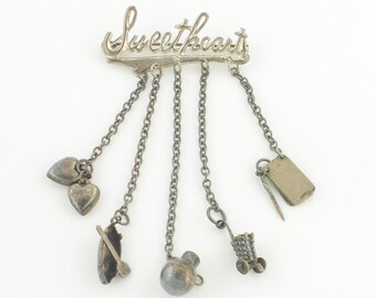 Vintage Sweetheart Charm Chatelaine Brooch - Sterling Silver Five Charm Dangle Pin - WWII Era 1940s - Mexican Silver - Vintage Jewelry