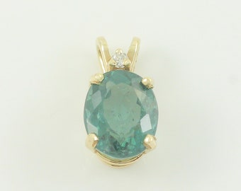 Vintage 14K Blue Green Tourmaline Diamond Pendant, 1 CT Green Tourmaline 14K Necklace Pendant, October Birthstone Pendant, Vintage Jewelry