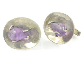 Mid Century Modern Sterling Silver Amethyst Cuff Links - Mexico City Hecho en Mexico DF 925 JV - c1950 17.8g- Vintage Mexican Silver Jewelry