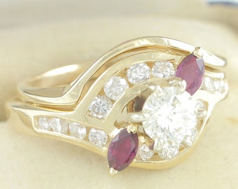 Vintage Diamond and Ruby Wedding Ring Set, 14K 1.25 CTTW VS1 Diamond Engagement Bridal Set, 1980s Size 6 Diamond Ruby Ring, Vintage Jewelry