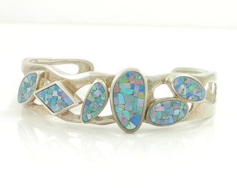 Vintage Whitney Kelly Opal Mosaic 925 Silver Cuff Bracelet, Vintage Sterling Silver Opal Mosaic 6.5 in Cuff, Vintage Jewelry, Estate Jewelry