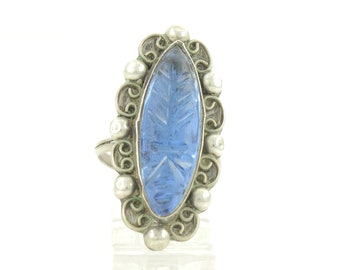 Vintage Mexican Sterling Blue Glass Mask Ring, Vintage 925 Carved Blue Glass Ring Mexico, 1940s 925 Silver Ring Mexico, Vintage Jewelry