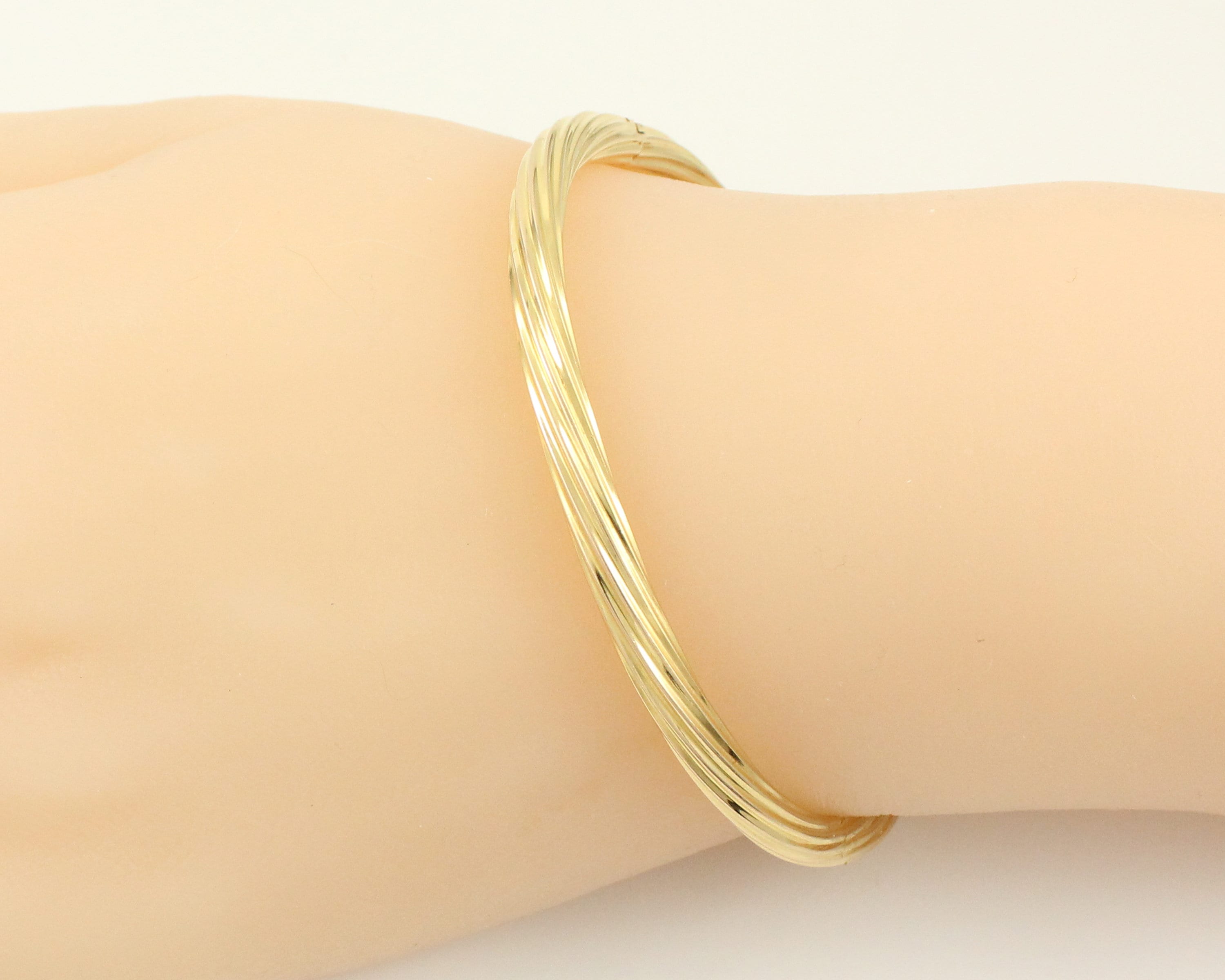 Vintage 18K Ribbed Hinged Bangle Bracelet, 18K Yellow Gold Twisted Rib ...