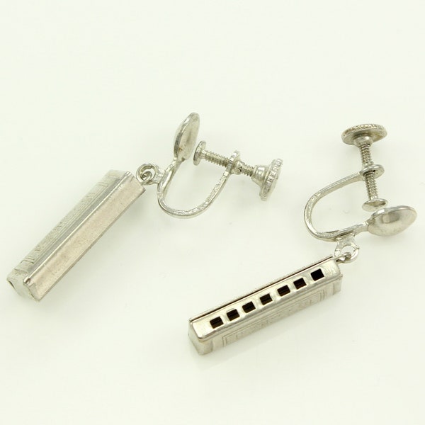 Vintage Harmonica Charm Earrings - 1940s Silver Tone Novelty Mouth Harp Dangle Drop Music Earrings - Jewelry for Musicians