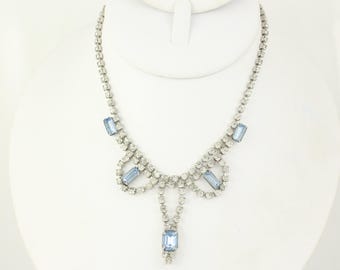 Vintage Baby Blue and Clear Rhinestone Festoon Necklace, Mid Century Something Old and Blue Rhinestone Collar Necklace, Vintage Jewelry