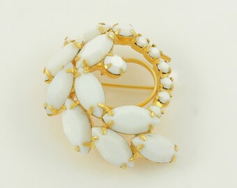 Vintage Milk Glass Swirl Brooch, Vintage White Rhinestone Gold Tone Pin, White Rhinestone Boutonniere, Vintage Summer Brooch Vintage Jewelry