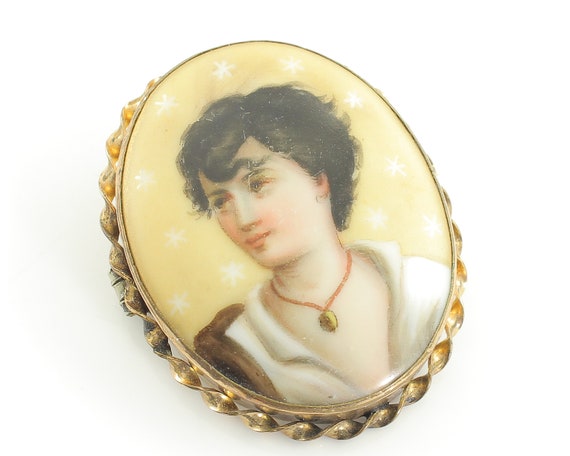 Antique Hand Painted Miniature Portrait Brooch - … - image 2