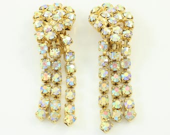 Vintage Aurora Borealis Rhinestone Dangle Earrings, 1960s Rhinestone Fringe Earrings, Hollywood Glam Rhinestone Earrings, Vintage Jewelry