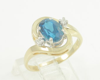 Vintage 14K London Blue Topaz Diamond Ring, Vintage 14K Gold Heat Treated Topaz Bypass Ring, 14K Blue Topaz Ring Size 5.75,Vintage Jewelry