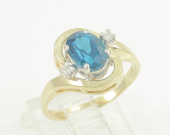 Vintage 14K London Blue Topaz Diamond Ring, Vintage 14K Yellow Gold Treated Topaz Bypass Ring, 14K Blue Topaz Ring Size 5.75,Vintage Jewelry