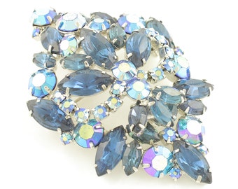 Vintage Blue Rhinestone Swagged Shield Brooch - Aurora Borealis Tiered Pin - circa 1960 - Unsigned Beauty - Vintage Costume Jewelry