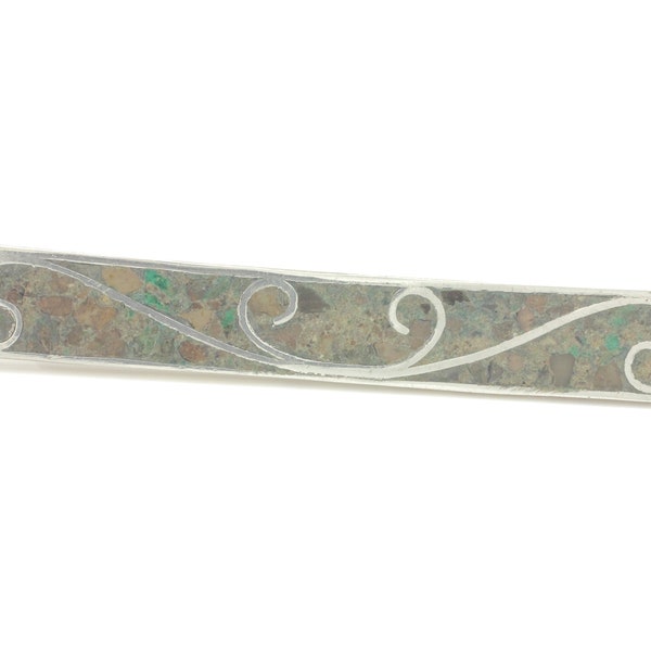Mid Century Modern Mexico Sterling Turquoise Mosaic Tie Bar, Mexican 925 Silver Crushed Stone Scroll Money Clip or Tie Bar, Vintage Jewelry