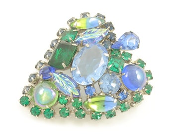 Vintage Blue Green Rhinestone Brooch, Vintage Blue Green Aurora Borealis Molded Glass Rhinestone Pin, Vintage Rhinestone Pin,Vintage Jewelry