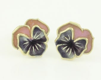 Vintage 14K Enamel Pansy Stud Earrings, Dainty 14K Enamel Floral Earrings, 1960s 14K Pansy Earrings, February Birth Flower, Vintage Jewelry