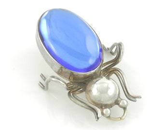 Vintage Mexican Sterling Silver Blue Glass Beetle Brooch, Iguala Mexico 925 Silver Blue Glass Bug Pin, 925 Silver Beetle Pin,Vintage Jewelry