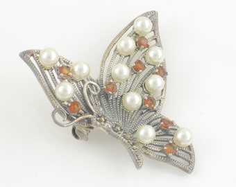 Sterling Silver Marcasite Imitation Pearl Orange Glass Butterfly Brooch, 1980s Art Deco Style 925 Silver Butterfly Pin, Vintage Jewelry