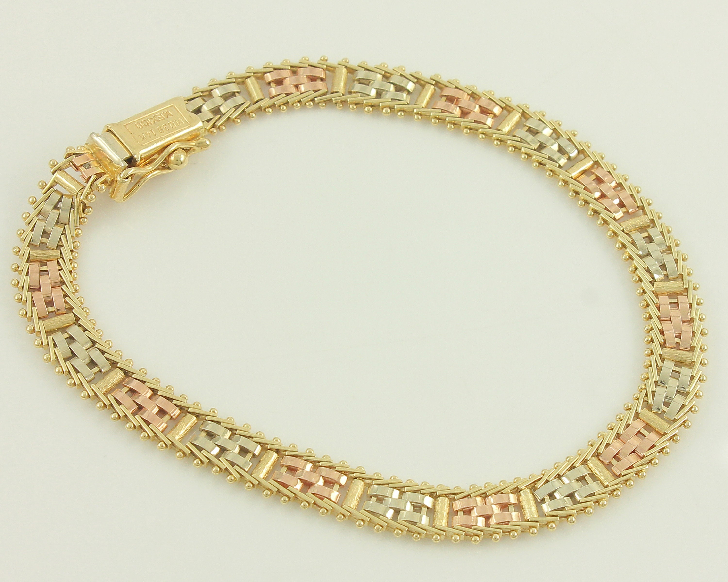 Vintage 14K TriColor Gold Brick Weave Chain Bracelet, 80s Vintage 14K TriColor Gold Brick Weave Chain Bracelet, 80s