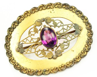 Victorian Sash Pin, Antique Purple and Gold Brooch, Oval Statement Brooch Purple Glass Cabochon, Valentines Day Gift, Vintage Jewelry