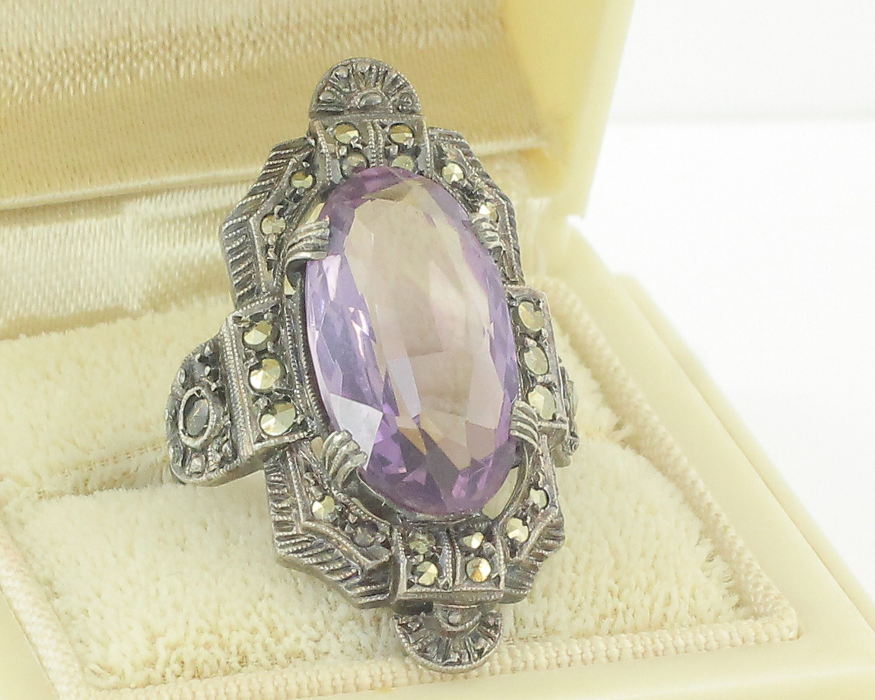 Art Deco Amethyst Statement Ring Sterling Silver Marcasite 5 CT