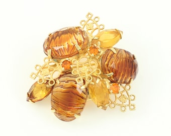 Vintage Golden Givre Molded Glass Rhinestone Brooch, Deep Yellow Molded Glass Pin with Gold Tone Filigree, Glass Boutonniere,Vintage Jewelry