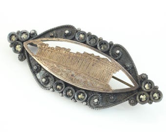 Victorian 1000 Silver 10K Rose Gold Marcasite Grand Tour Brooch, Antique Silver Marcasite Pantheon Pin, Vintage Rome Pin, Vintage Jewelry