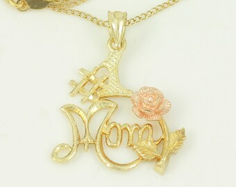 Vintage 14K Number 1 Mom Pendant Necklace, 14K Yellow Rose Mom Necklace, 1980s Mom Pendant, Vintage OroAmerica 14K Necklace, Vintage Jewelry