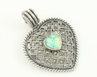 Vintage Sterling Silver Marcasite Created Opal Heart Pendant, 1980s 925 Silver Marcasite Lab Created Black Opal Pendant, Vintage Jewelry