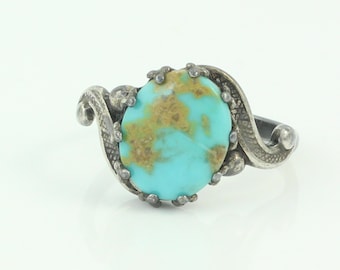 Vintage Mexican Silver Turquoise Ring, Vintage Sterling Oval Turquoise Ring, Turquoise 925 Ring Size 4.25, Mexican Silver, Vintage Jewelry