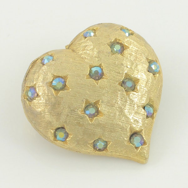 Vintage Weiss Rhinestone Studded Gold Heart Brooch, Weiss Blue AB Rhinestone Gold Heart Pin, 1960s Weiss Rhinestone Pin, Vintage Jewelry