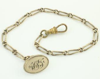 Antique Edwardian Watch Chain Vest Button, Vintage Engraved Monogram Button Watch Chain, Roll Gold Plate Pocket Watch Chain, Vintage Jewelry