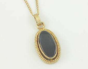 Vintage Black Onyx 12K Gold Fill Pendant Necklace, Classic Oval Black Onyx 12K Yellow Gold Fill 15" Necklace by Elka, Vintage Jewelry